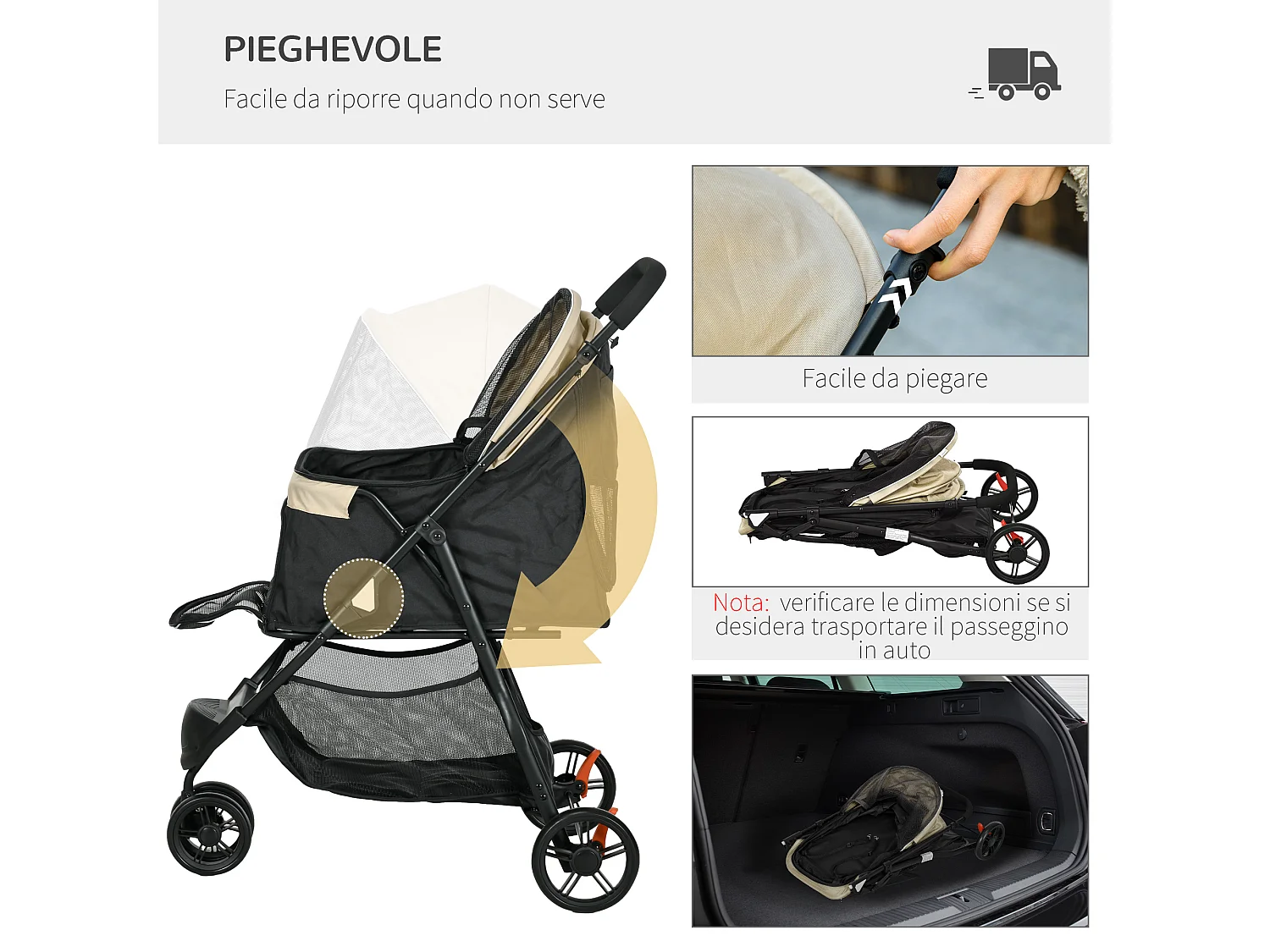 Passeggino cani pieghevole 3 ruote con copertura antipioggia khaki