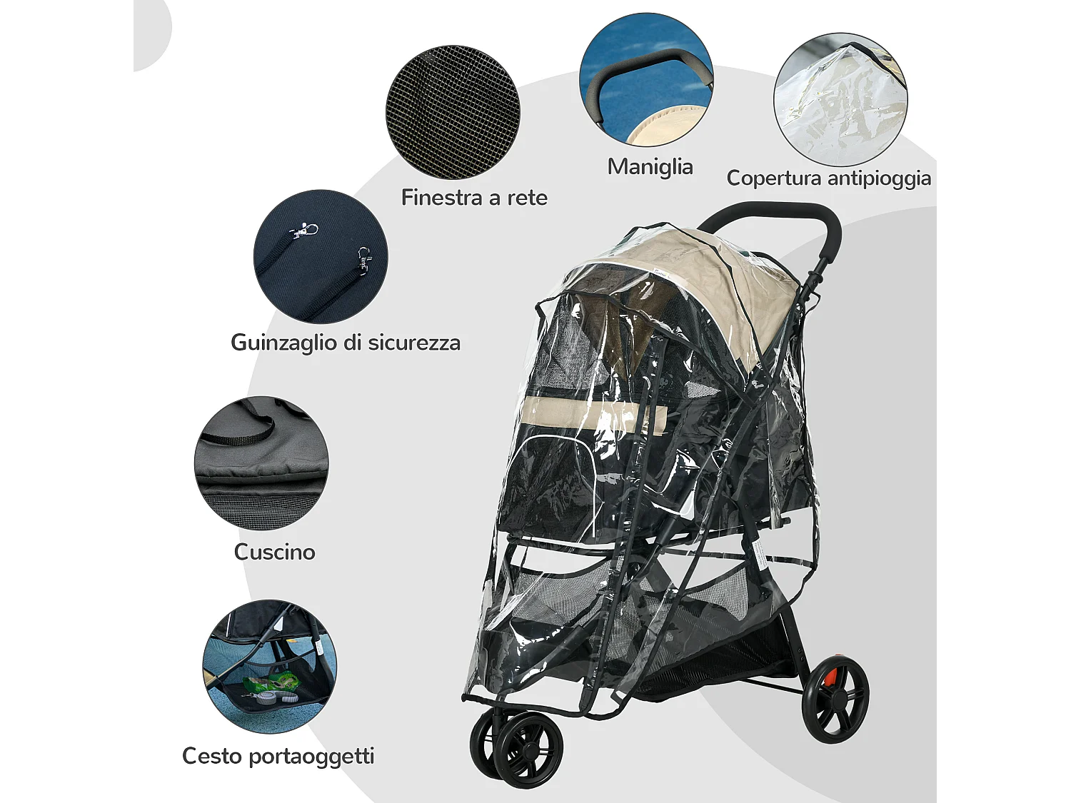 Passeggino cani pieghevole 3 ruote con copertura antipioggia khaki