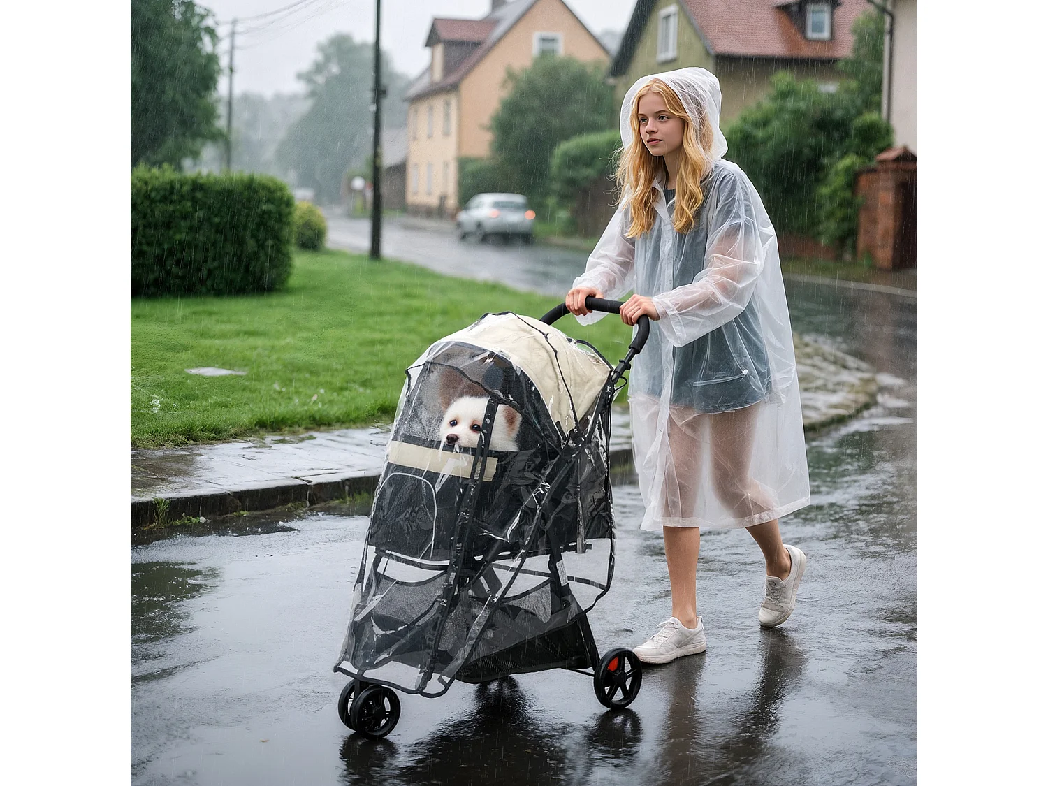 Passeggino cani pieghevole 3 ruote con copertura antipioggia khaki