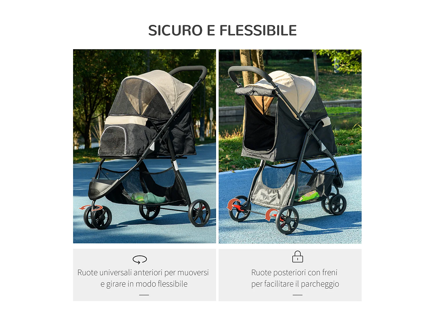 Passeggino cani pieghevole 3 ruote con copertura antipioggia khaki