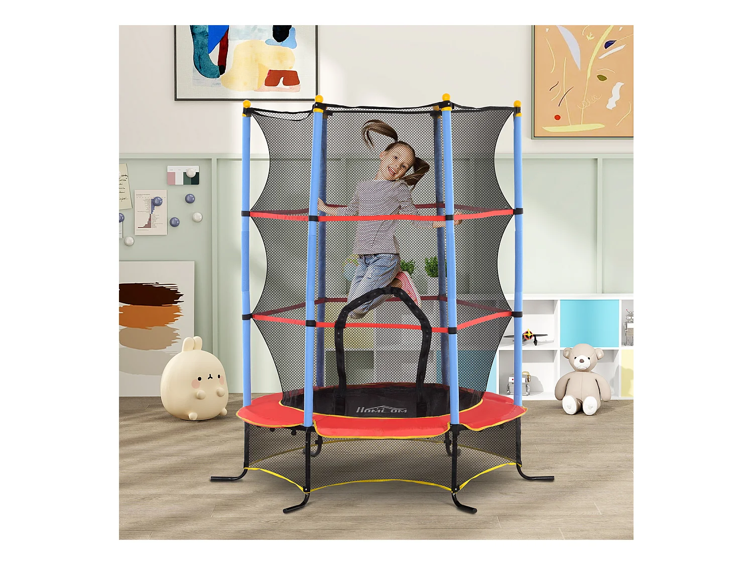 Trampolino elastico per bambini con rete di sicurezza blu