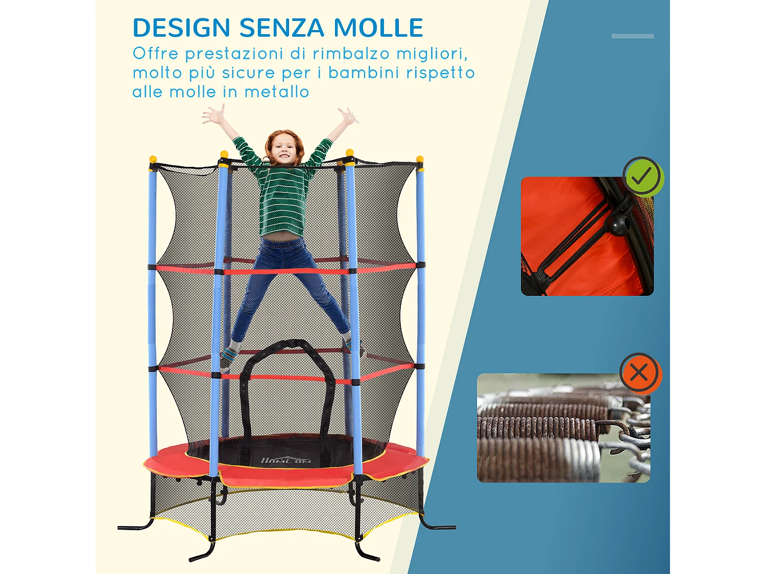 Trampolino elastico per bambini con rete di sicurezza blu