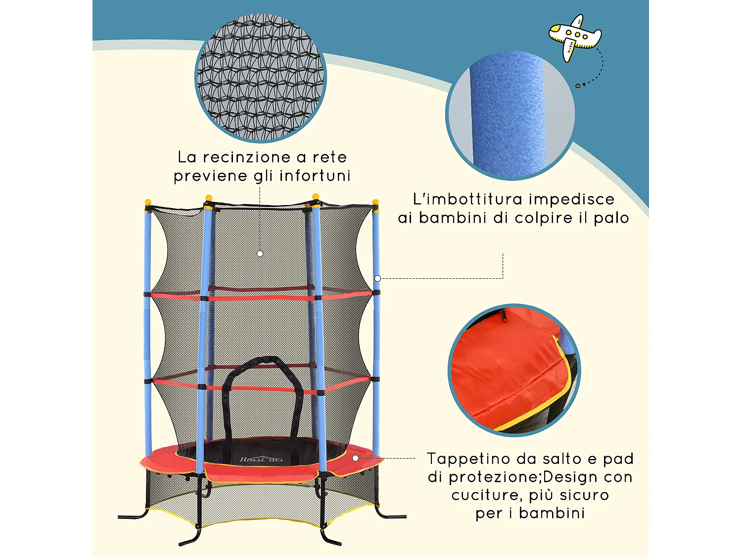 Trampolino elastico per bambini con rete di sicurezza blu