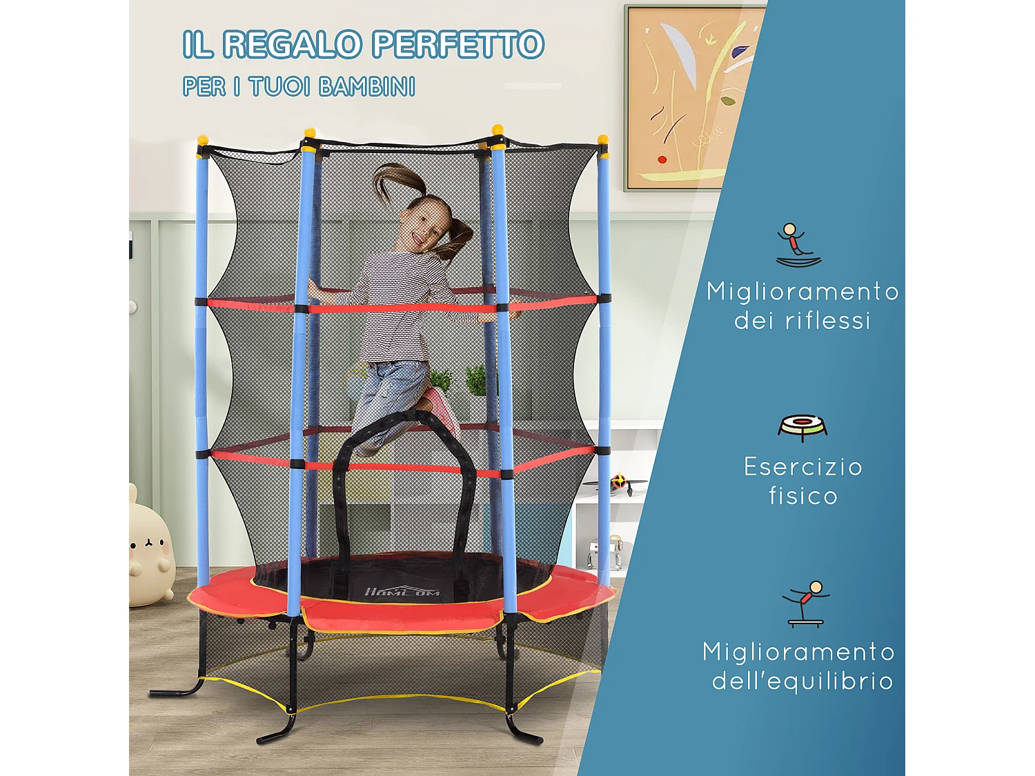 Trampolino elastico per bambini con rete di sicurezza blu