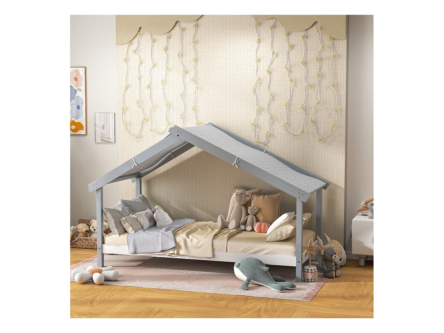 Letto per bambini a casetta in legno con 15 doghe e tettuccio grigio