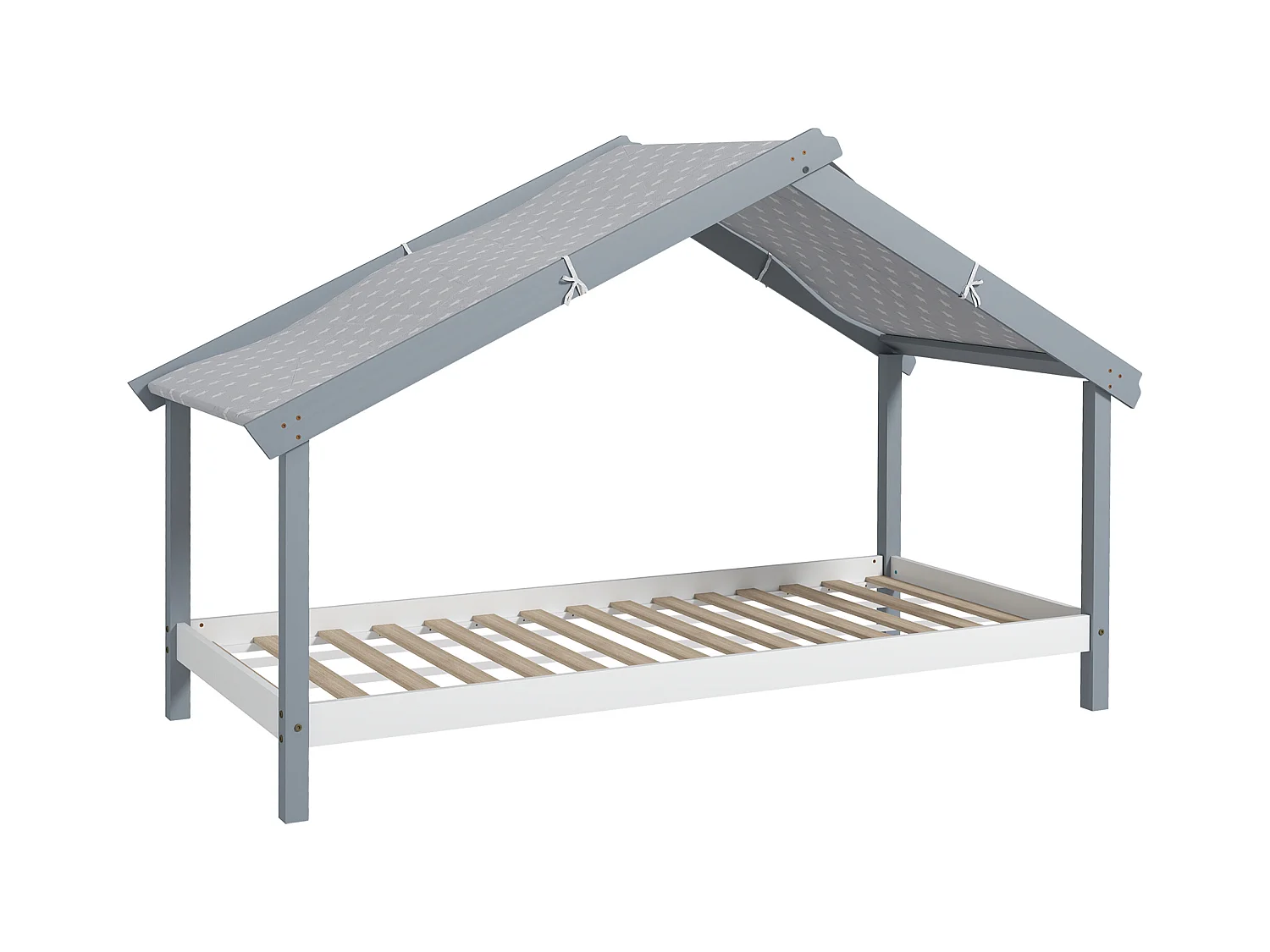 Letto per bambini a casetta in legno con 15 doghe e tettuccio grigio