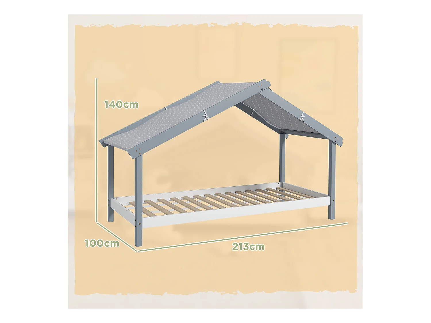 Letto per bambini a casetta in legno con 15 doghe e tettuccio grigio