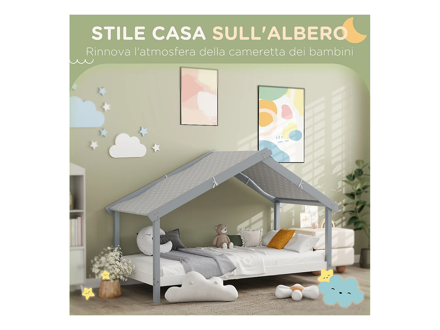 Letto per bambini a casetta in legno con 15 doghe e tettuccio grigio