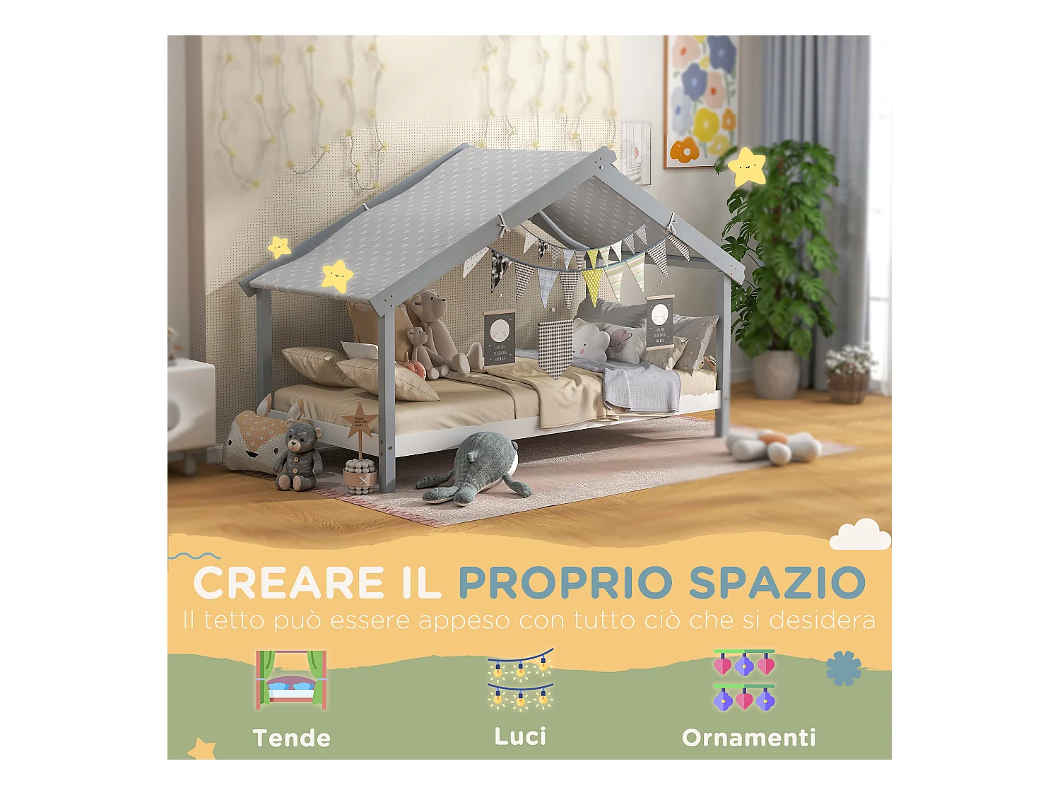 Letto per bambini a casetta in legno con 15 doghe e tettuccio grigio