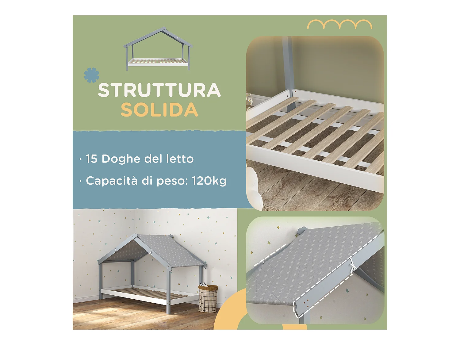 Letto per bambini a casetta in legno con 15 doghe e tettuccio grigio