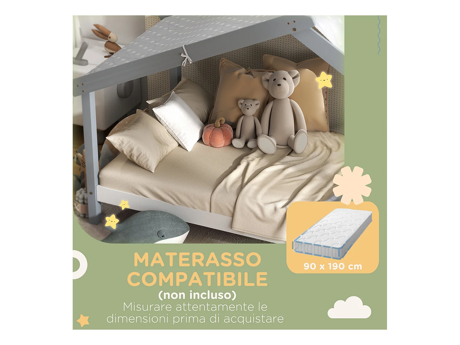 Letto per bambini a casetta in legno con 15 doghe e tettuccio grigio
