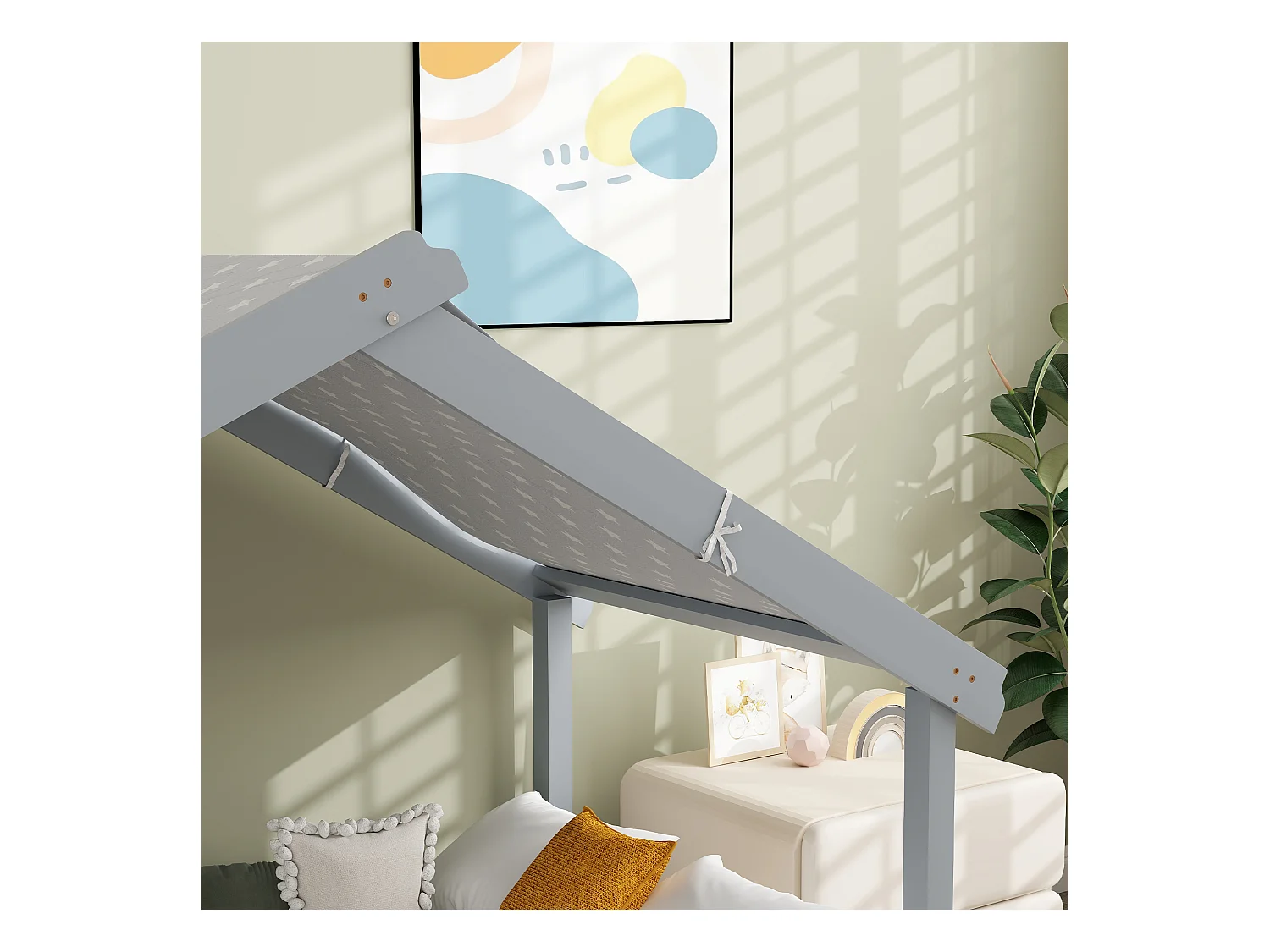 Letto per bambini a casetta in legno con 15 doghe e tettuccio grigio