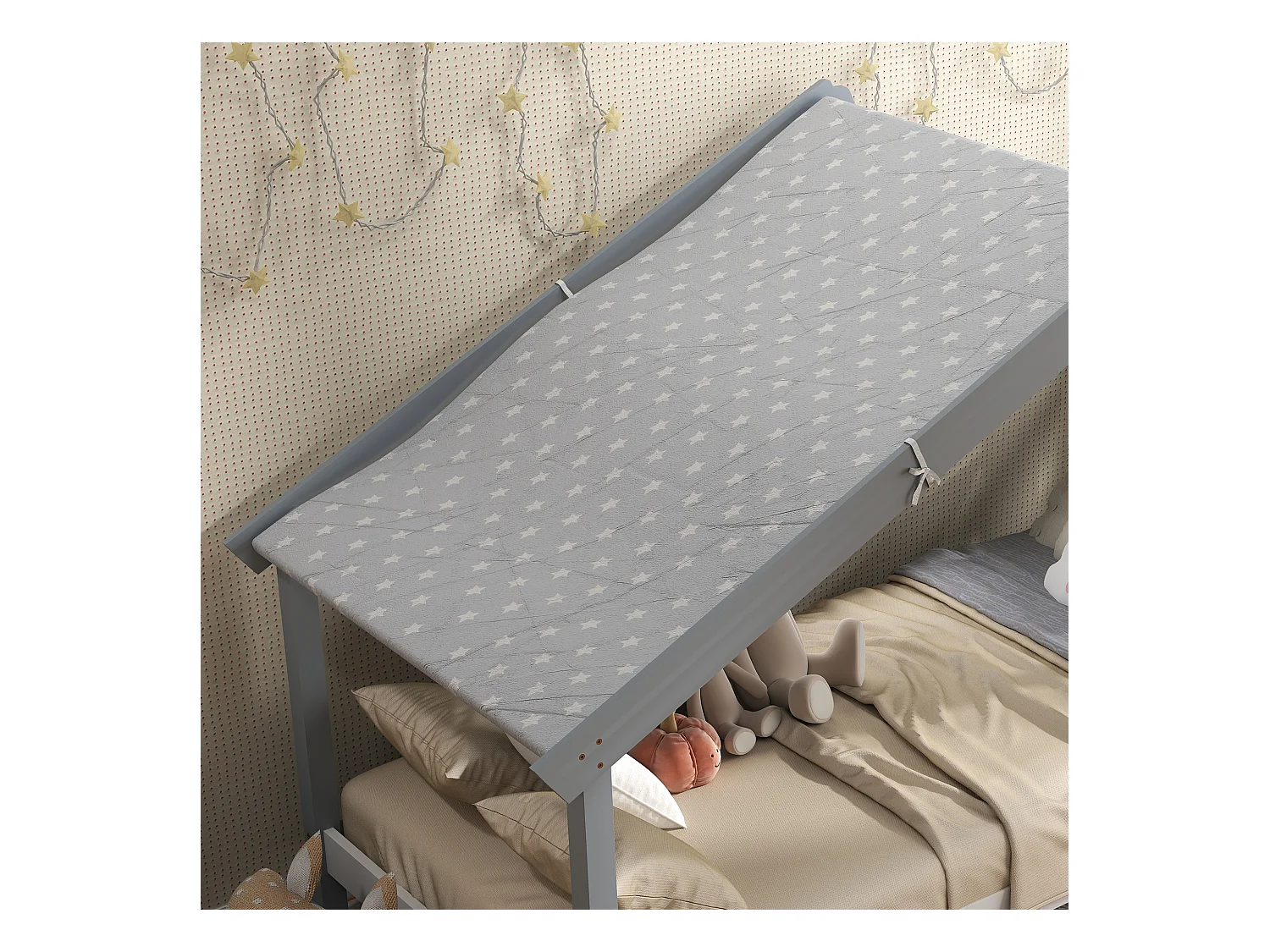 Letto per bambini a casetta in legno con 15 doghe e tettuccio grigio