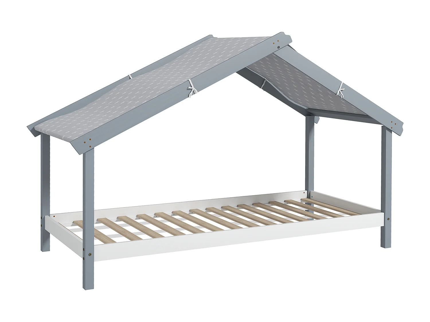 Letto per bambini a casetta in legno con 15 doghe e tettuccio grigio