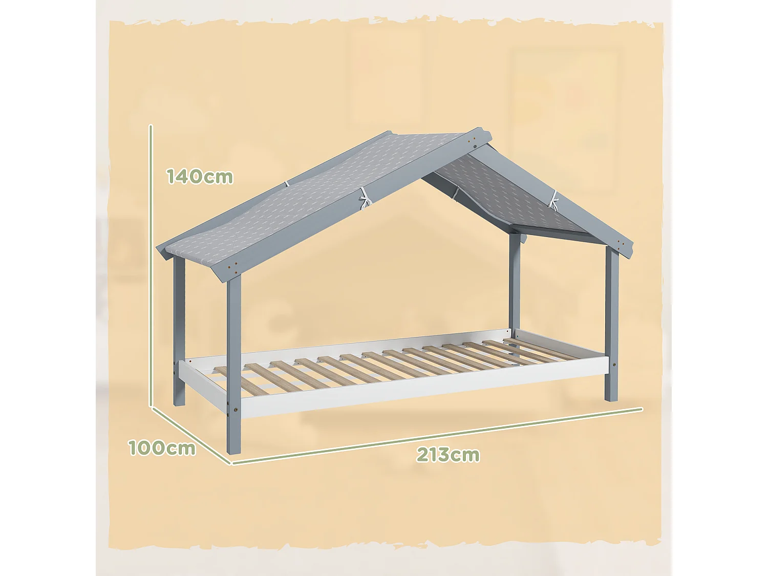 Letto per bambini a casetta in legno con 15 doghe e tettuccio grigio