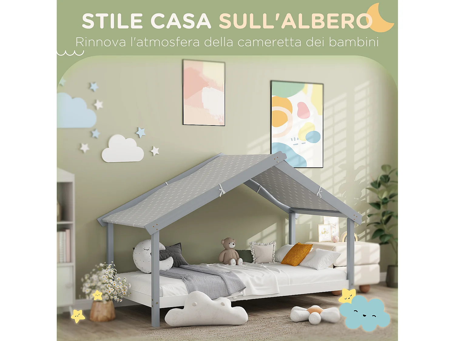 Letto per bambini a casetta in legno con 15 doghe e tettuccio grigio