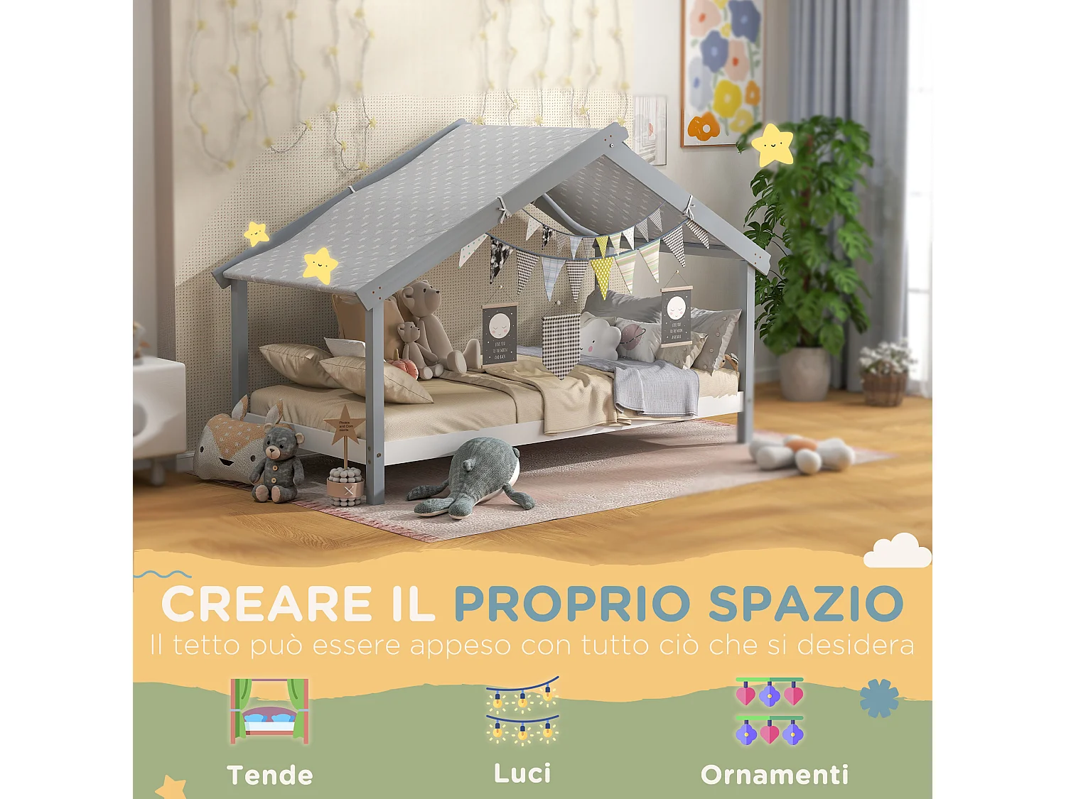 Letto per bambini a casetta in legno con 15 doghe e tettuccio grigio