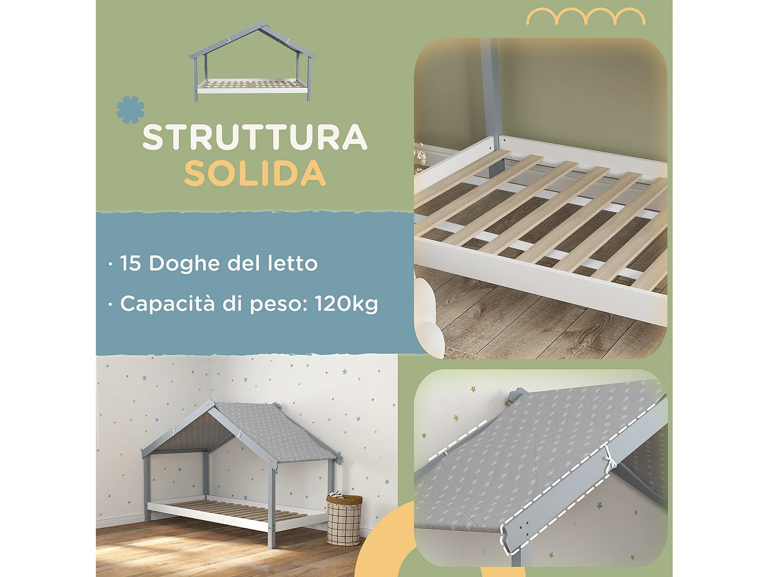 Letto per bambini a casetta in legno con 15 doghe e tettuccio grigio