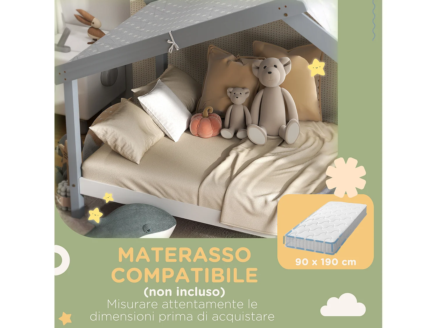 Letto per bambini a casetta in legno con 15 doghe e tettuccio grigio