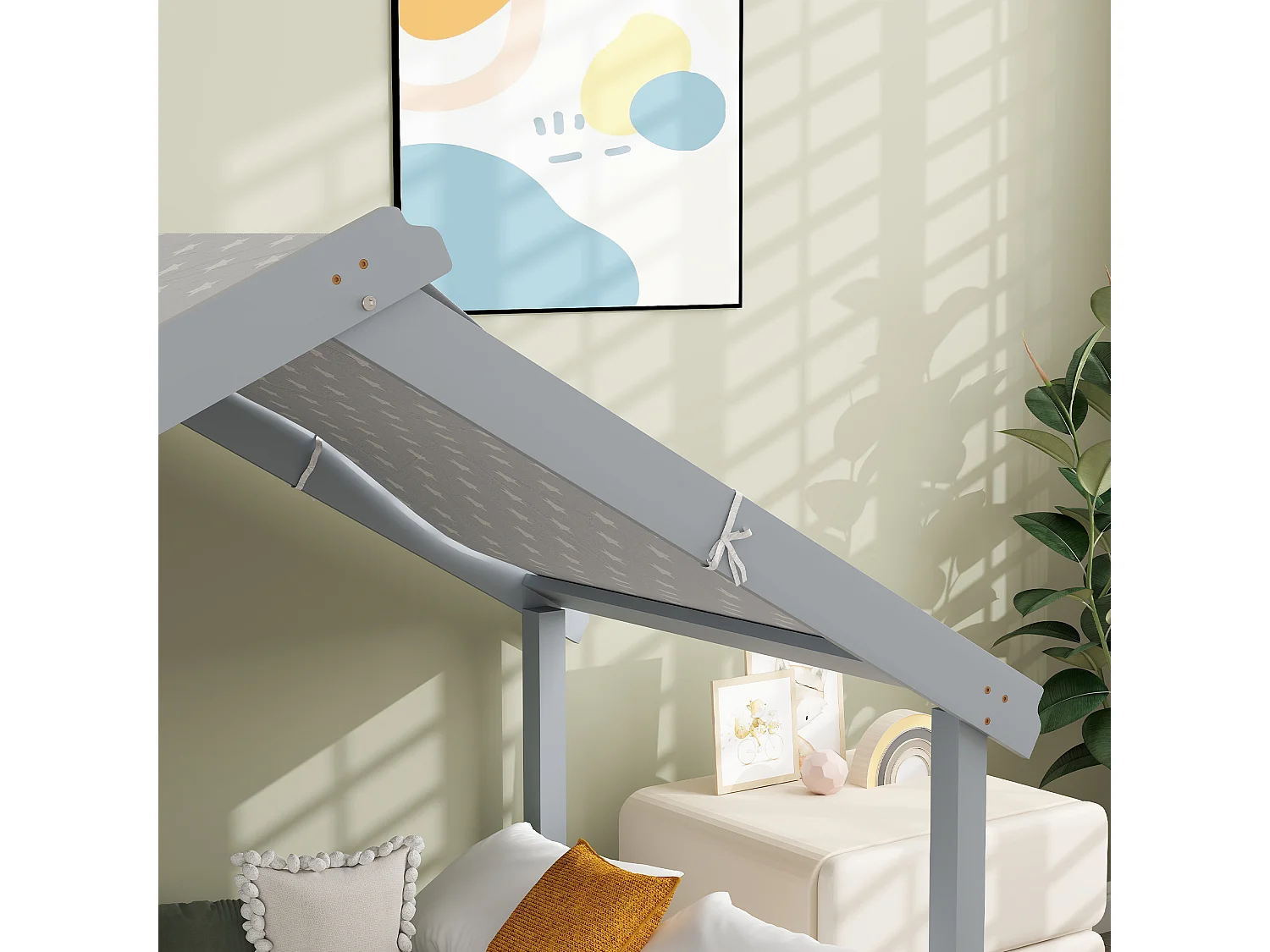 Letto per bambini a casetta in legno con 15 doghe e tettuccio grigio