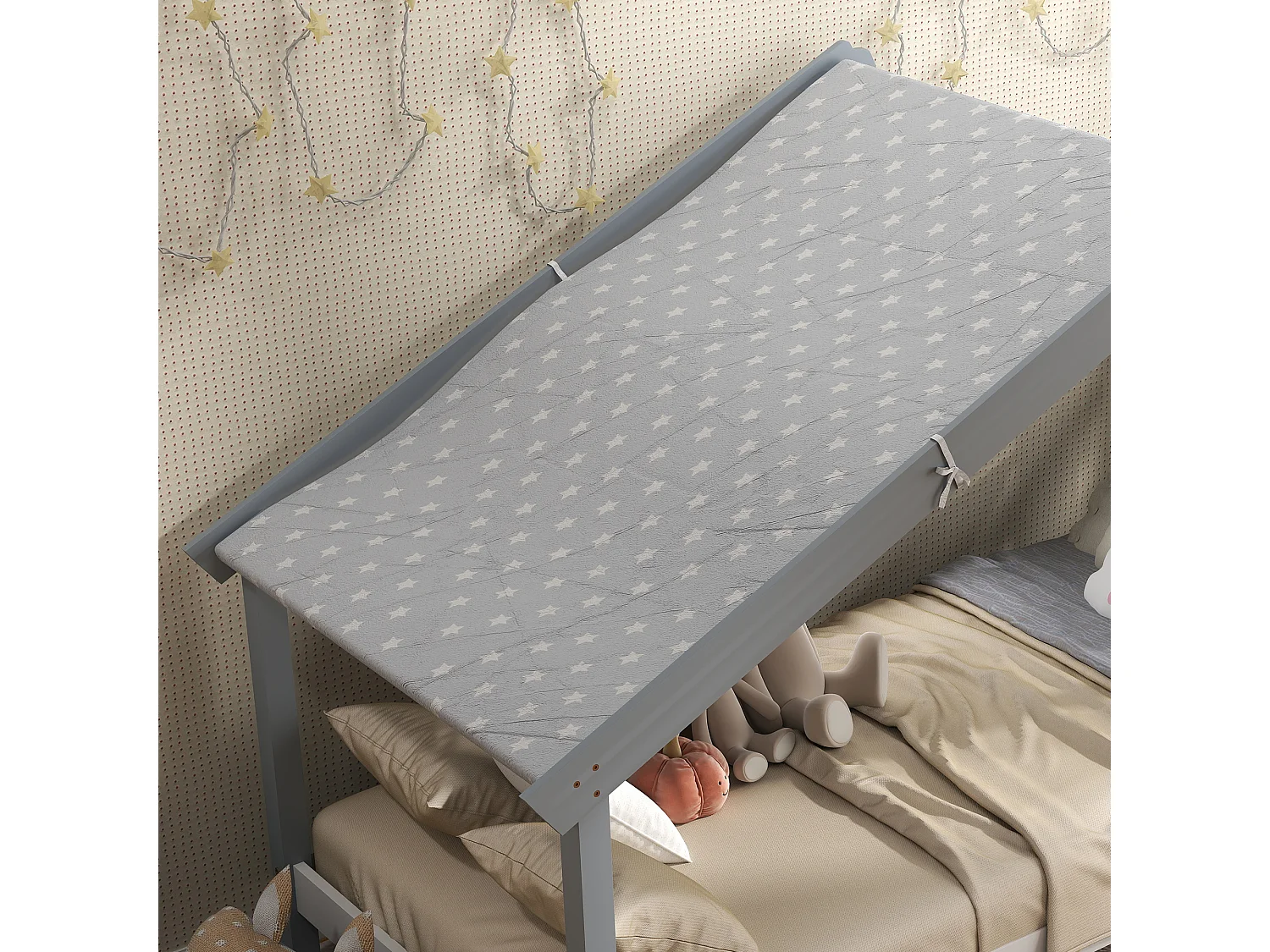 Letto per bambini a casetta in legno con 15 doghe e tettuccio grigio