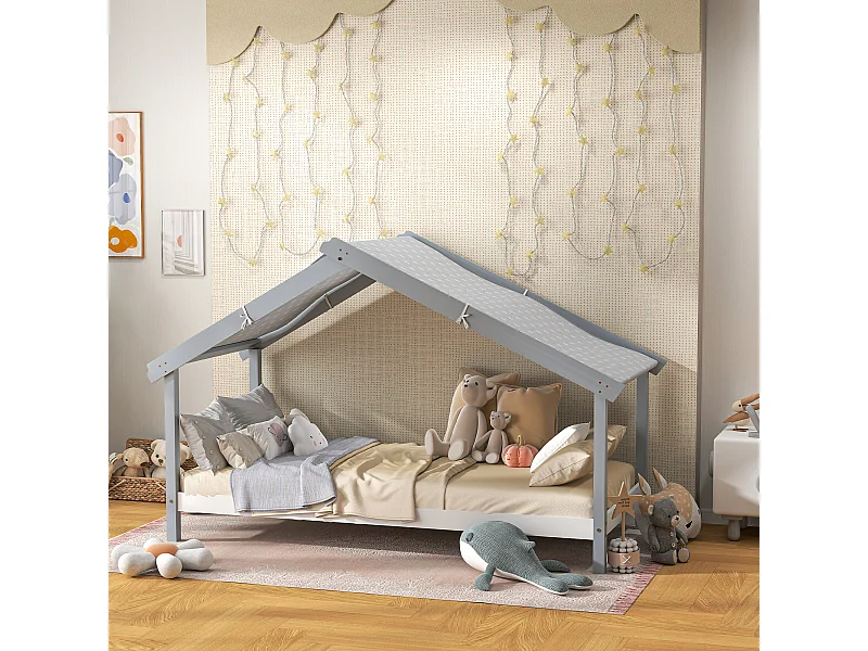 Letto per bambini a casetta in legno con 15 doghe e tettuccio grigio