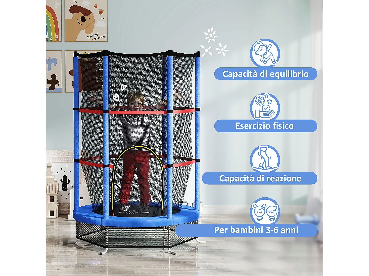 Tappeto elastico per bambini 3-6 anni con 3 ingressi blu e nero