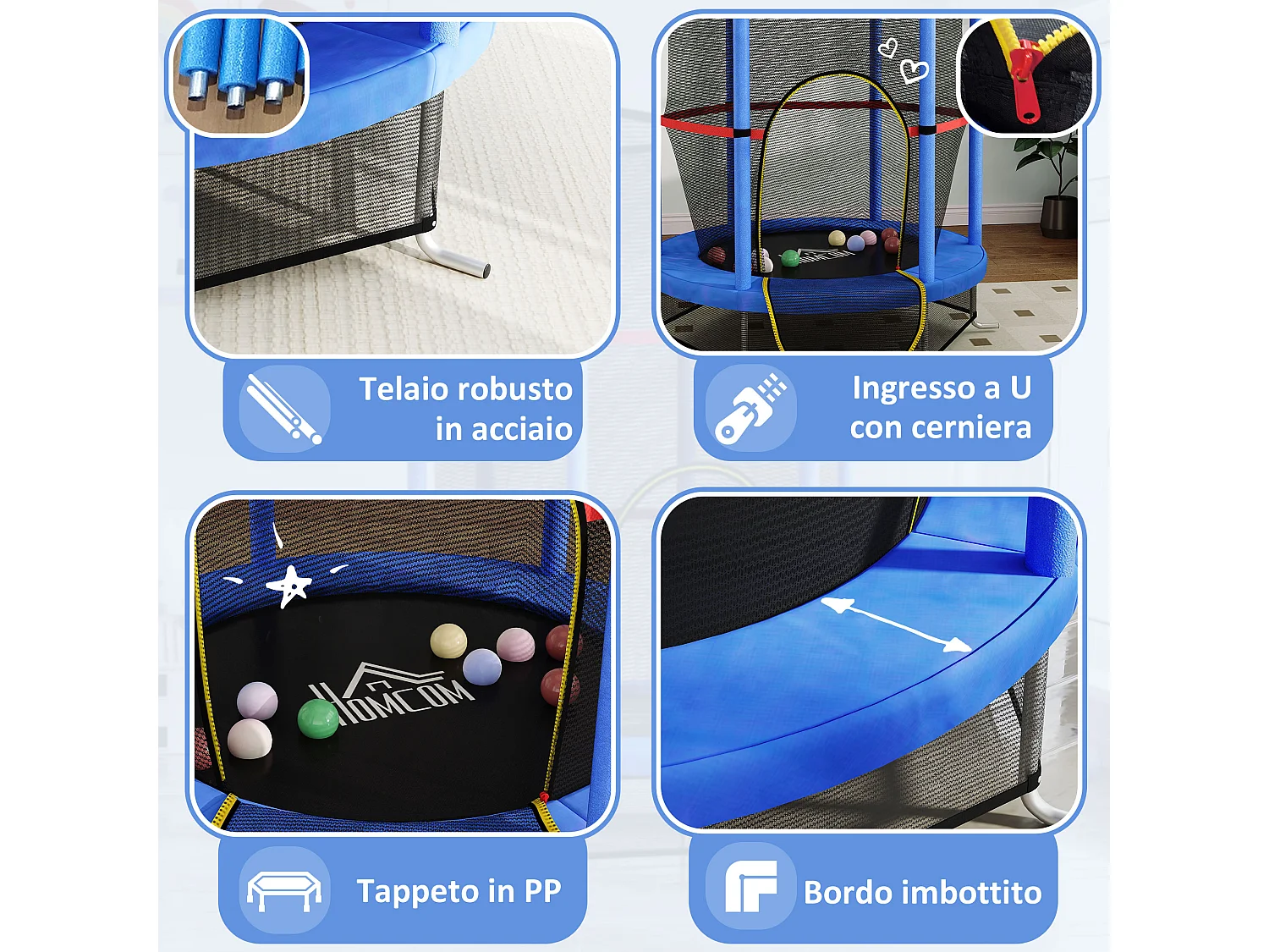 Tappeto elastico per bambini 3-6 anni con 3 ingressi blu e nero