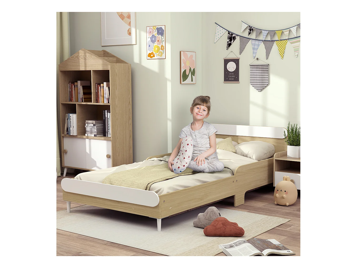 Letto per bambini 3-10 anni basso in legno e mdf bianco e color legno