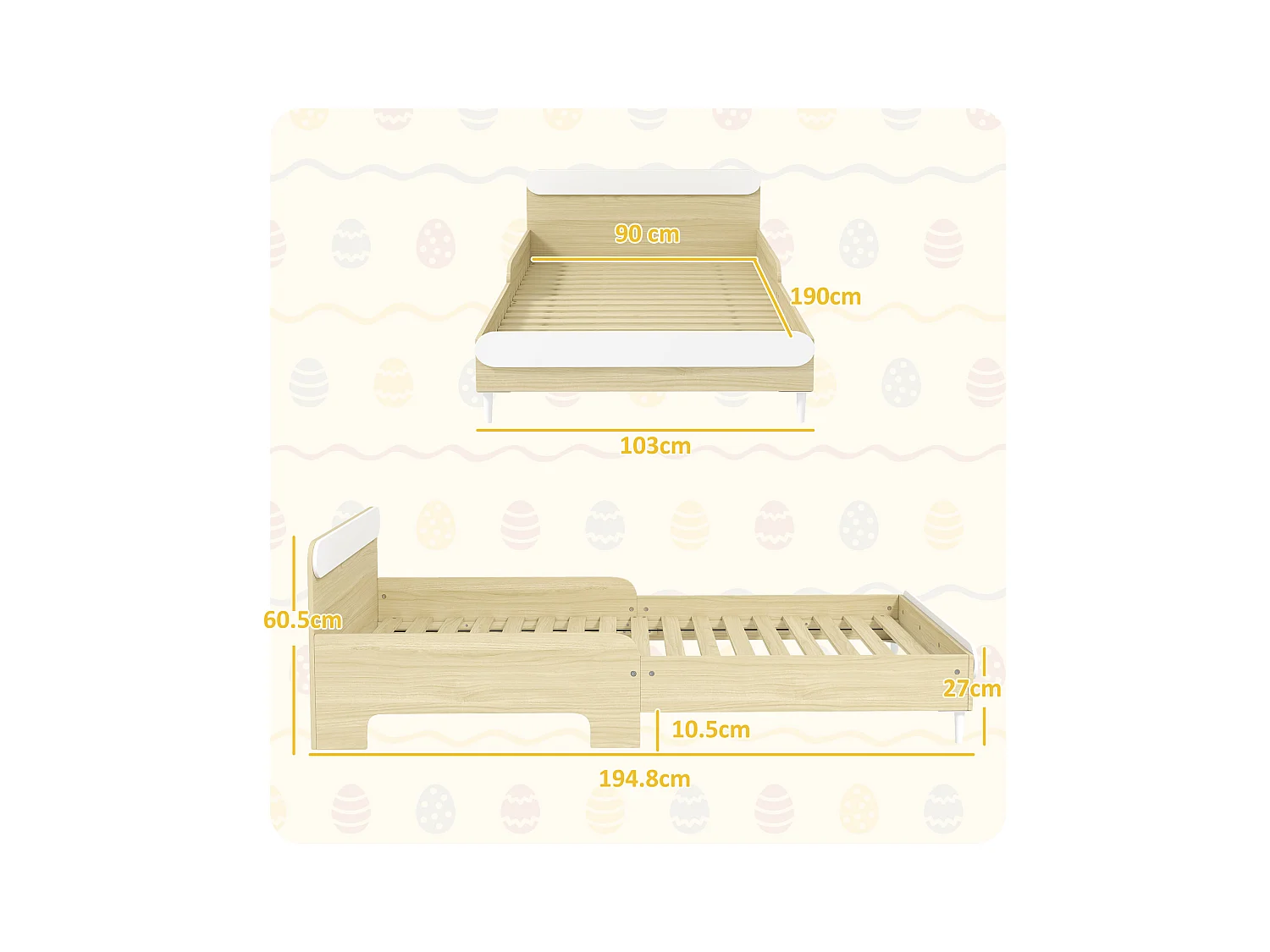 Letto per bambini 3-10 anni basso in legno e mdf bianco e color legno