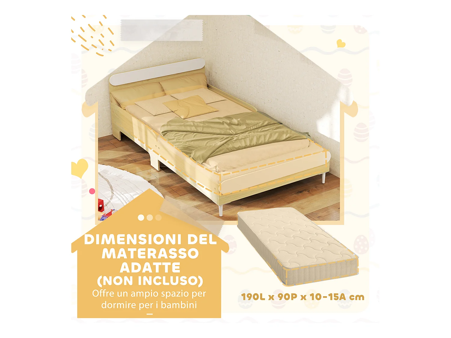 Letto per bambini 3-10 anni basso in legno e mdf bianco e color legno
