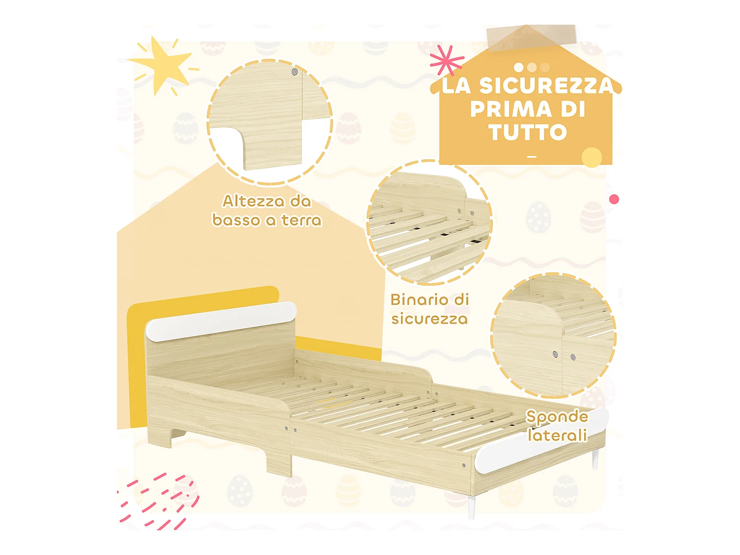Letto per bambini 3-10 anni basso in legno e mdf bianco e color legno