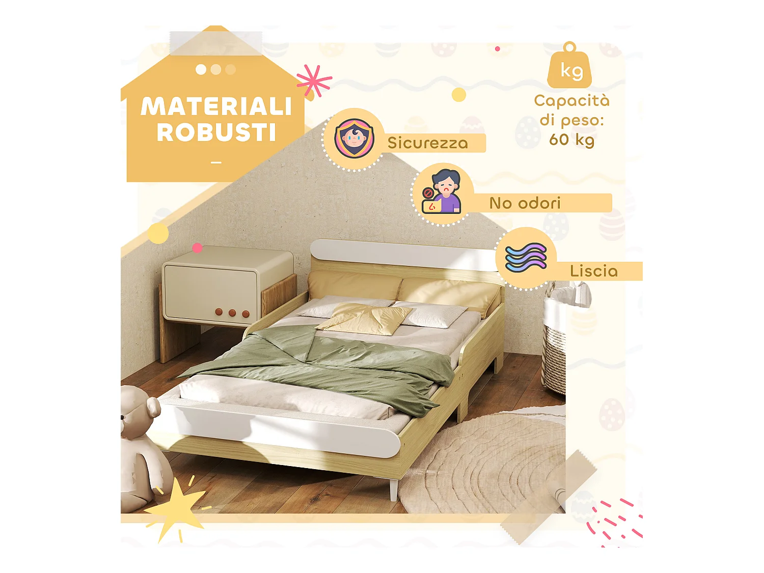 Letto per bambini 3-10 anni basso in legno e mdf bianco e color legno