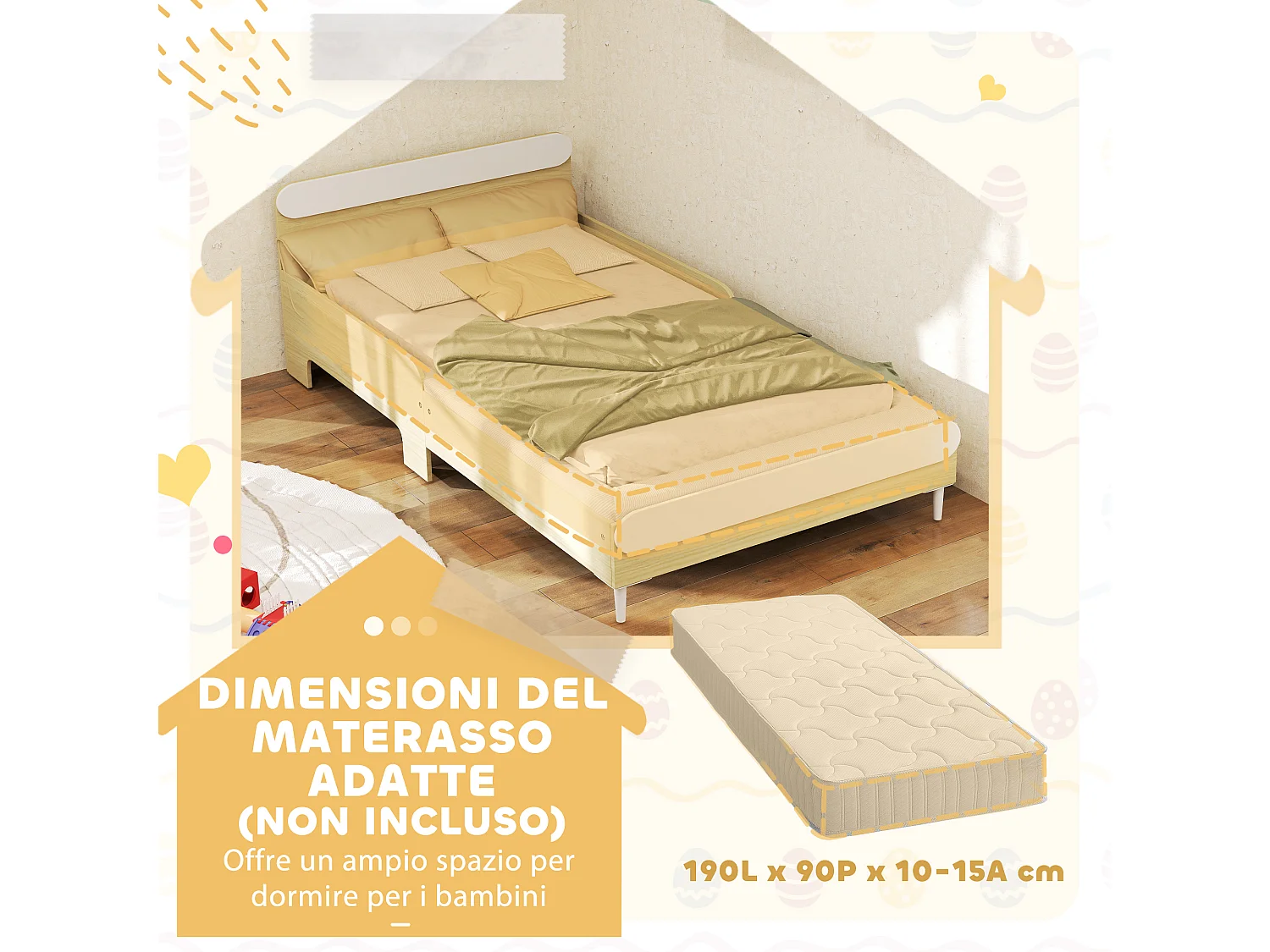 Letto per bambini 3-10 anni basso in legno e mdf bianco e color legno