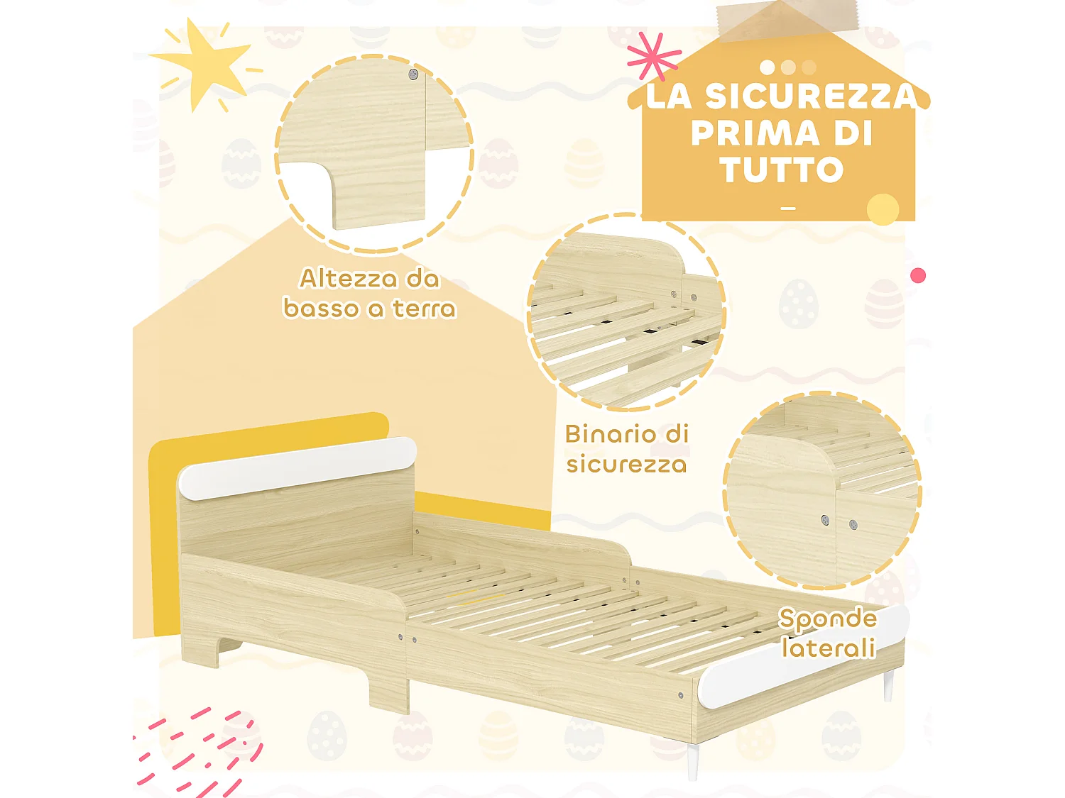 Letto per bambini 3-10 anni basso in legno e mdf bianco e color legno