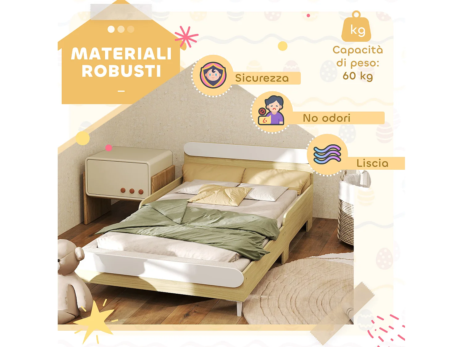 Letto per bambini 3-10 anni basso in legno e mdf bianco e color legno