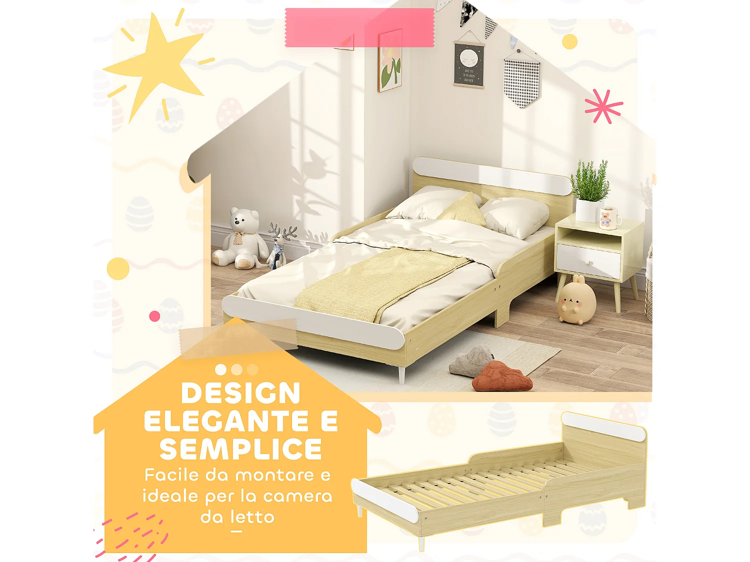 Letto per bambini 3-10 anni basso in legno e mdf bianco e color legno