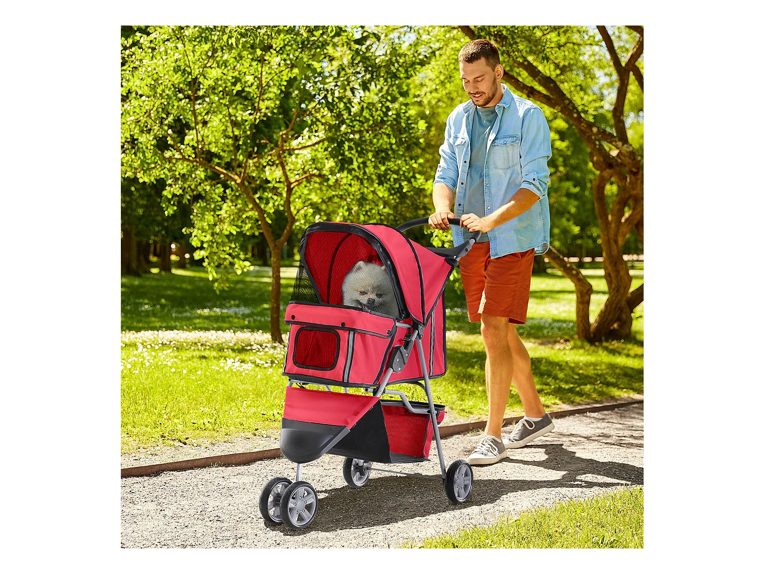 Passeggino per cani e gatti con ruote girevoli 75x45x97cm rosso