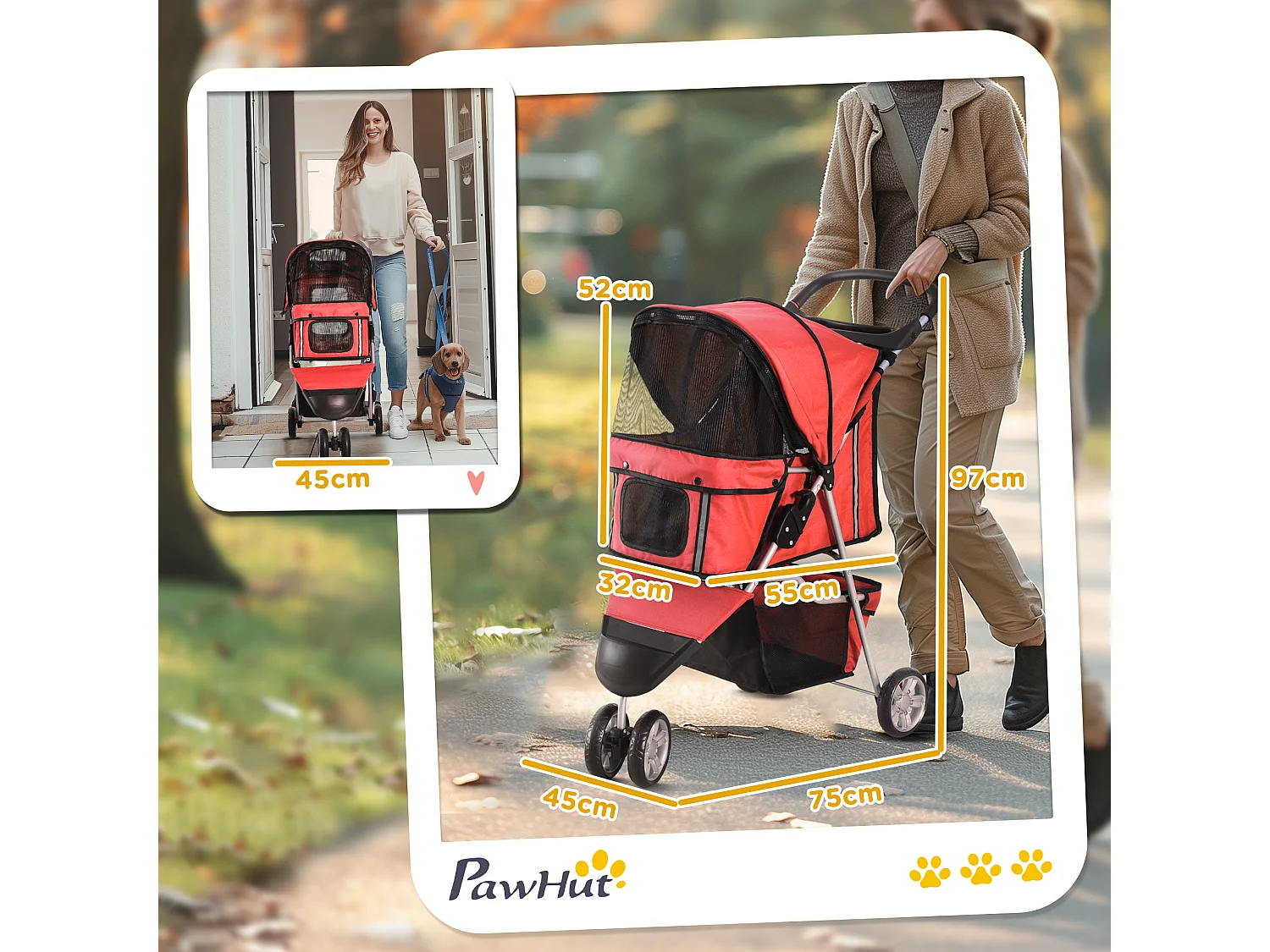 Passeggino per cani e gatti con ruote girevoli 75x45x97cm rosso
