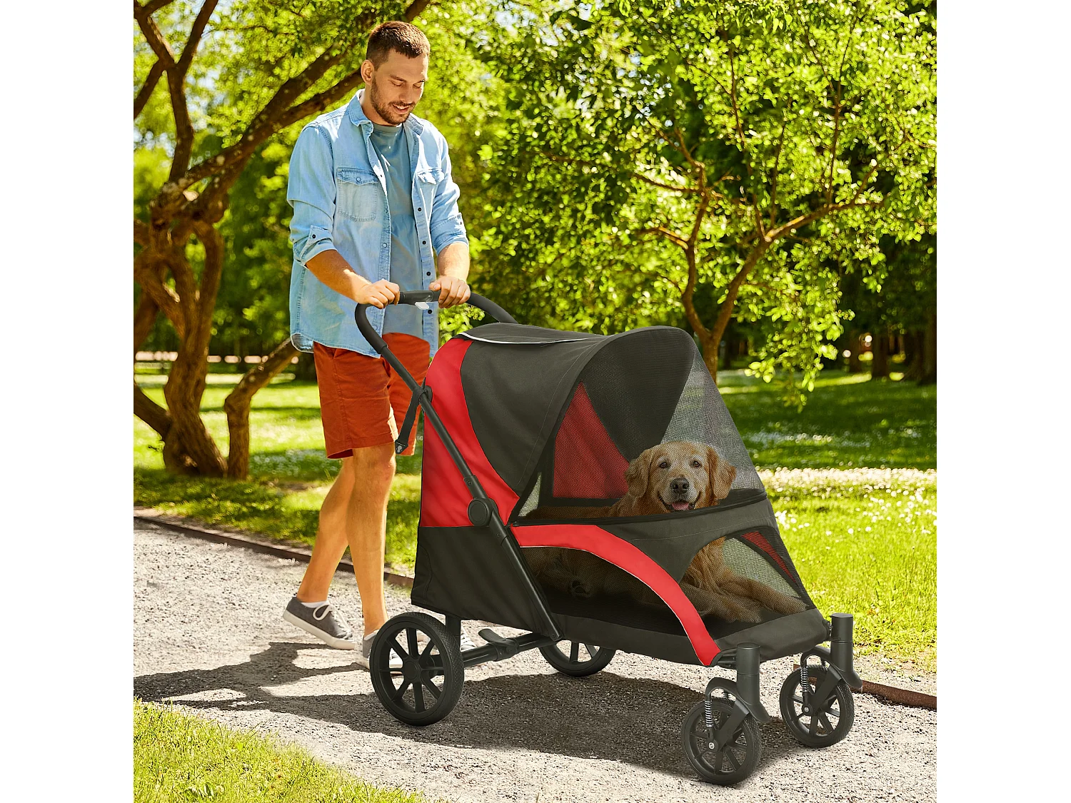 Passeggino per cani taglia grande pieghevole con cuscino nero