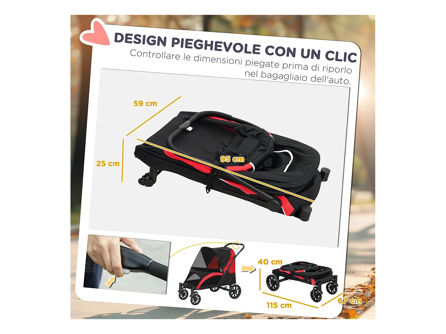 Passeggino per cani taglia grande pieghevole con cuscino nero