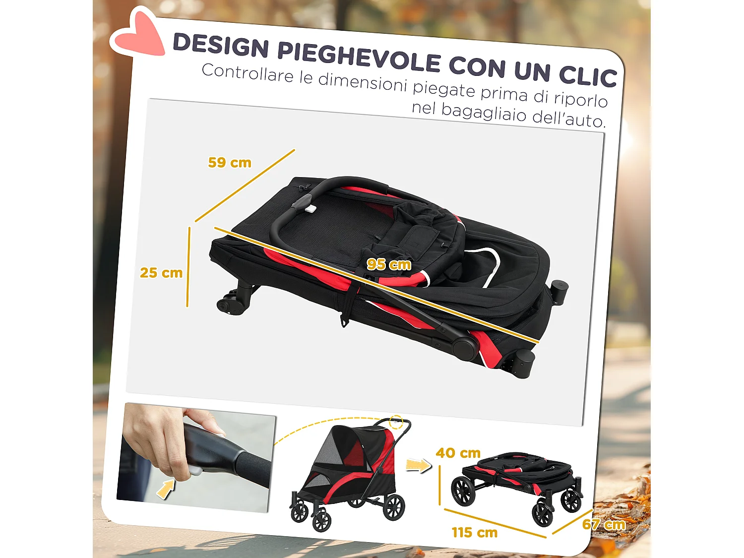 Passeggino per cani taglia grande pieghevole con cuscino nero