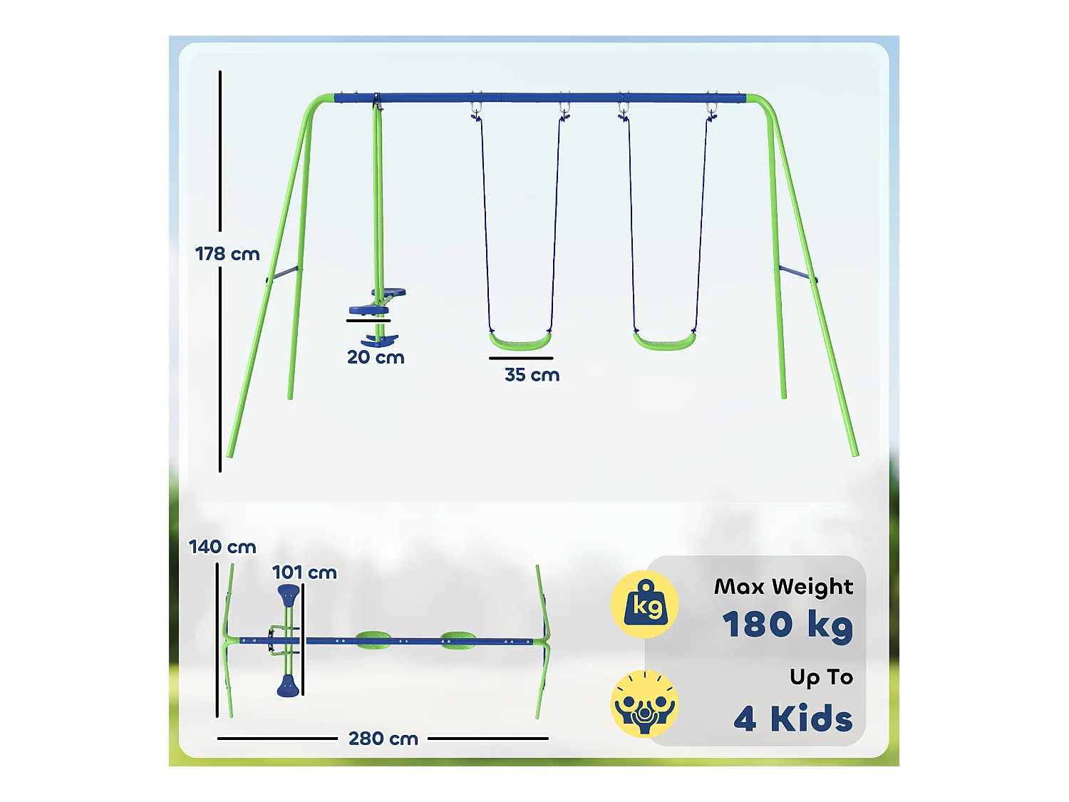 Set esterno con 2 altalene singole e 1 altalena doppia 280x140x178 cm