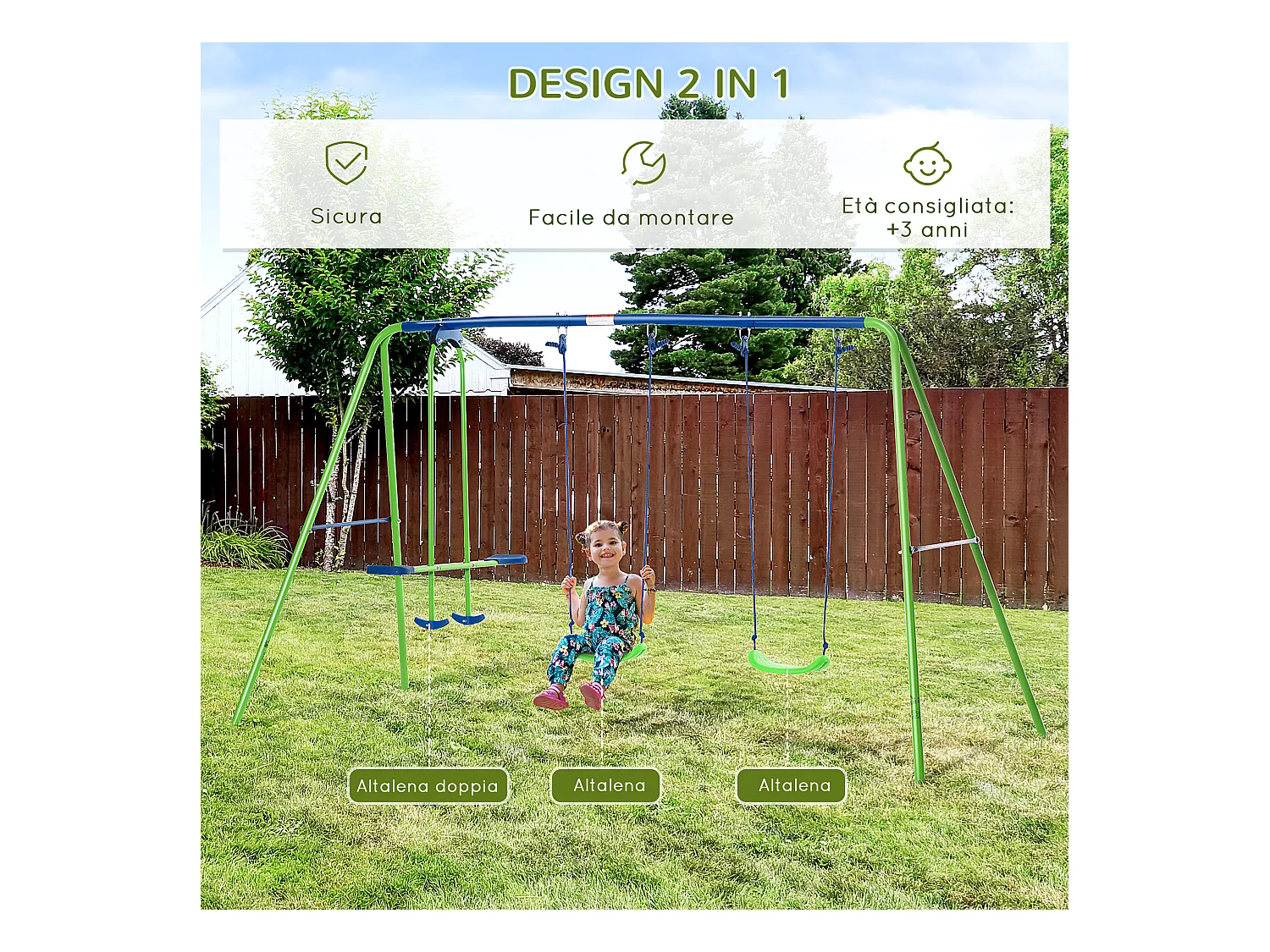 Set esterno con 2 altalene singole e 1 altalena doppia 280x140x178 cm