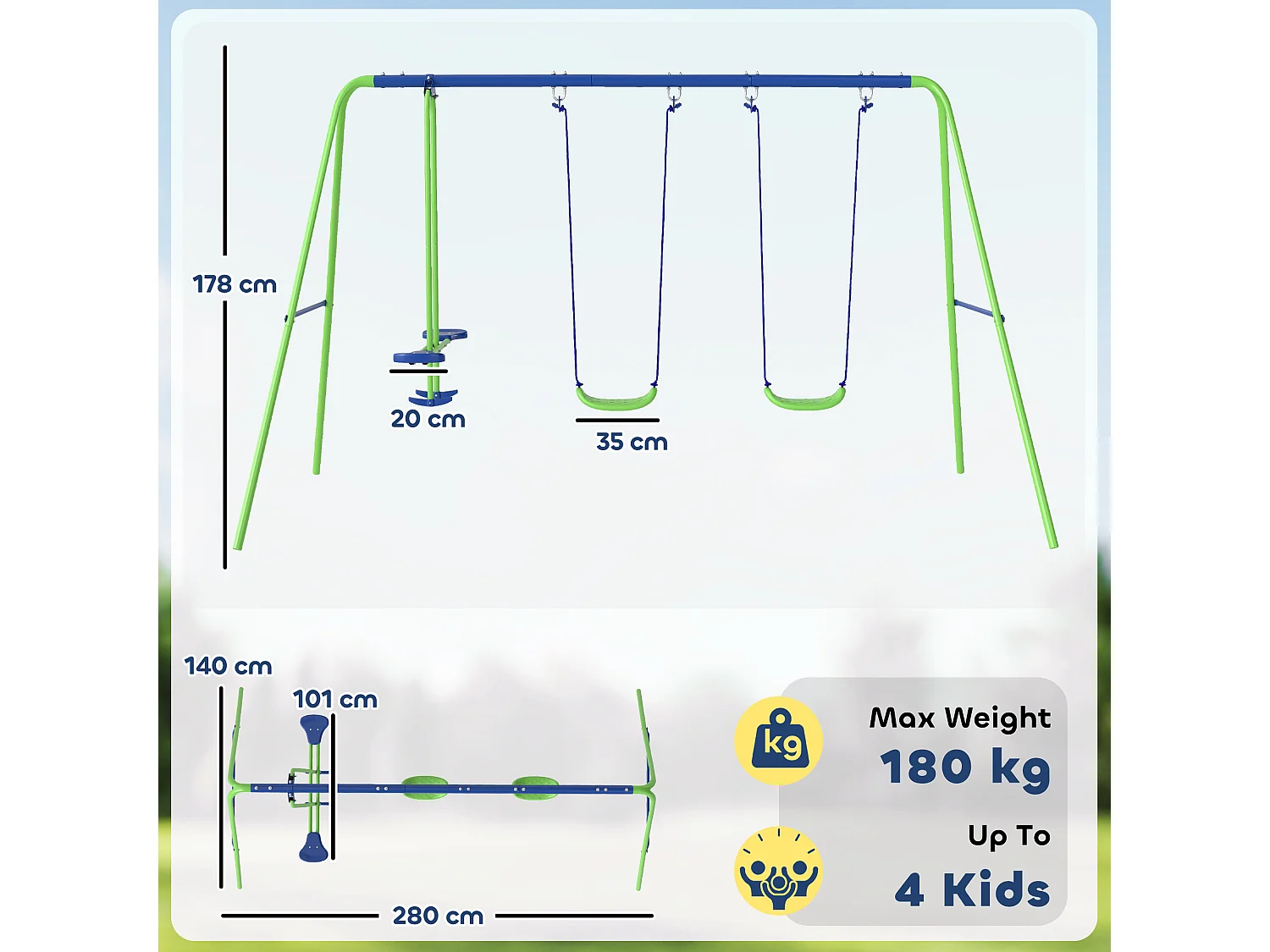 Set esterno con 2 altalene singole e 1 altalena doppia 280x140x178 cm