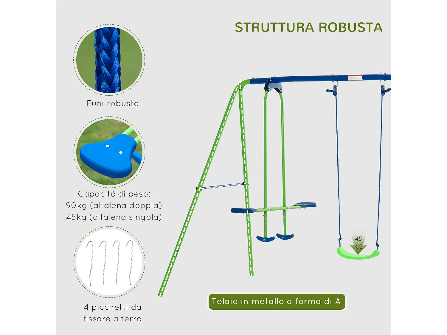 Set esterno con 2 altalene singole e 1 altalena doppia 280x140x178 cm