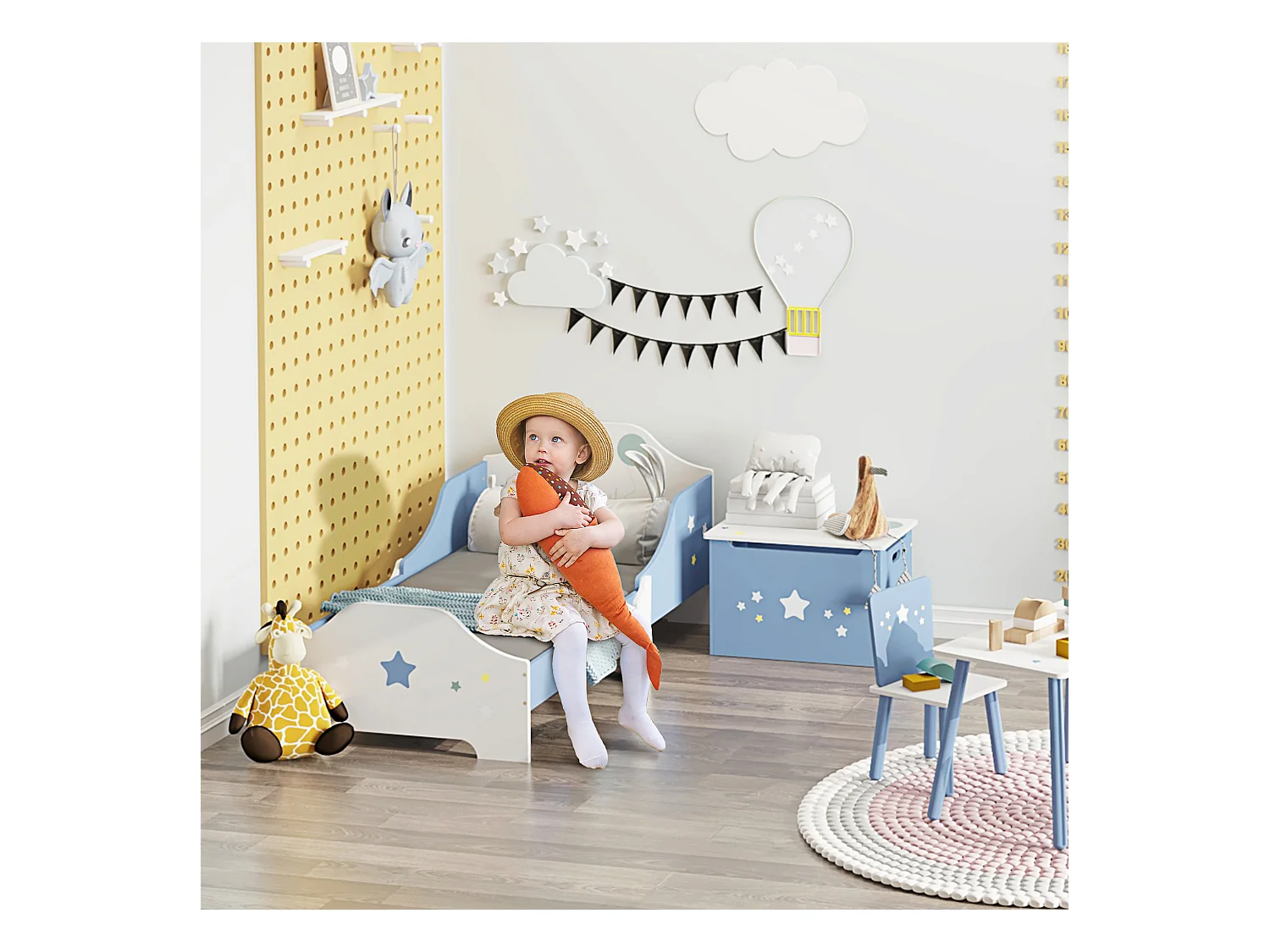 Letto basso per bambini 3+ anni con sponde lettino mdf blu bianco