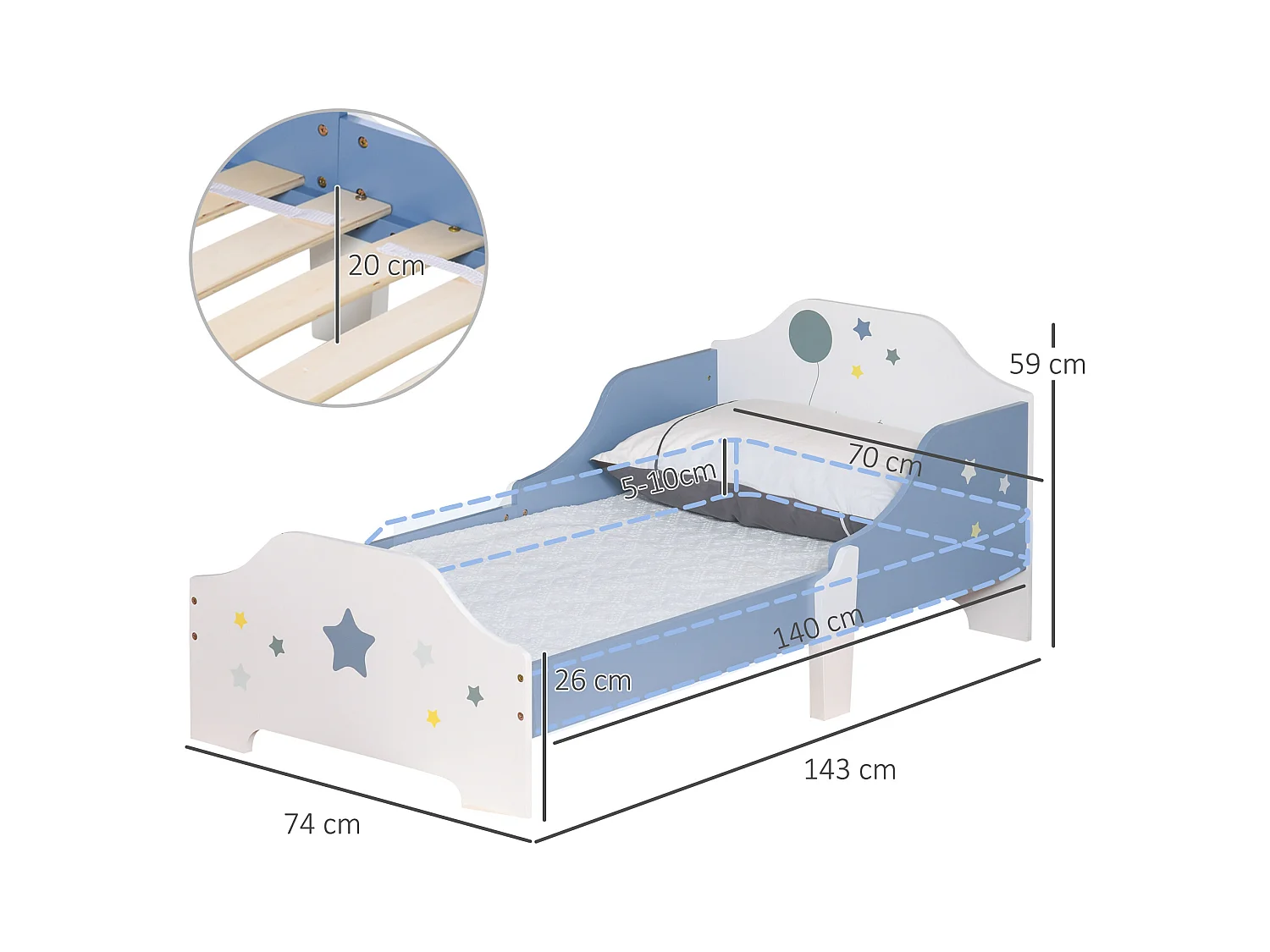 Letto basso per bambini 3+ anni con sponde lettino mdf blu bianco