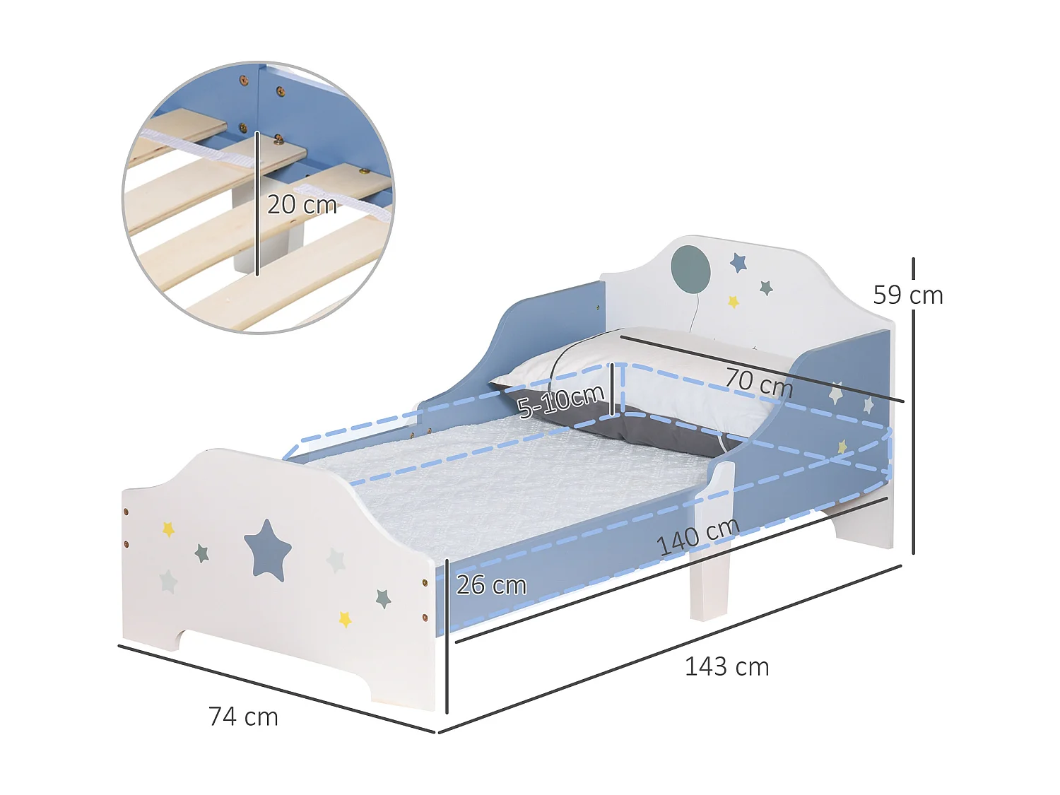 Letto basso per bambini 3+ anni con sponde lettino mdf blu bianco