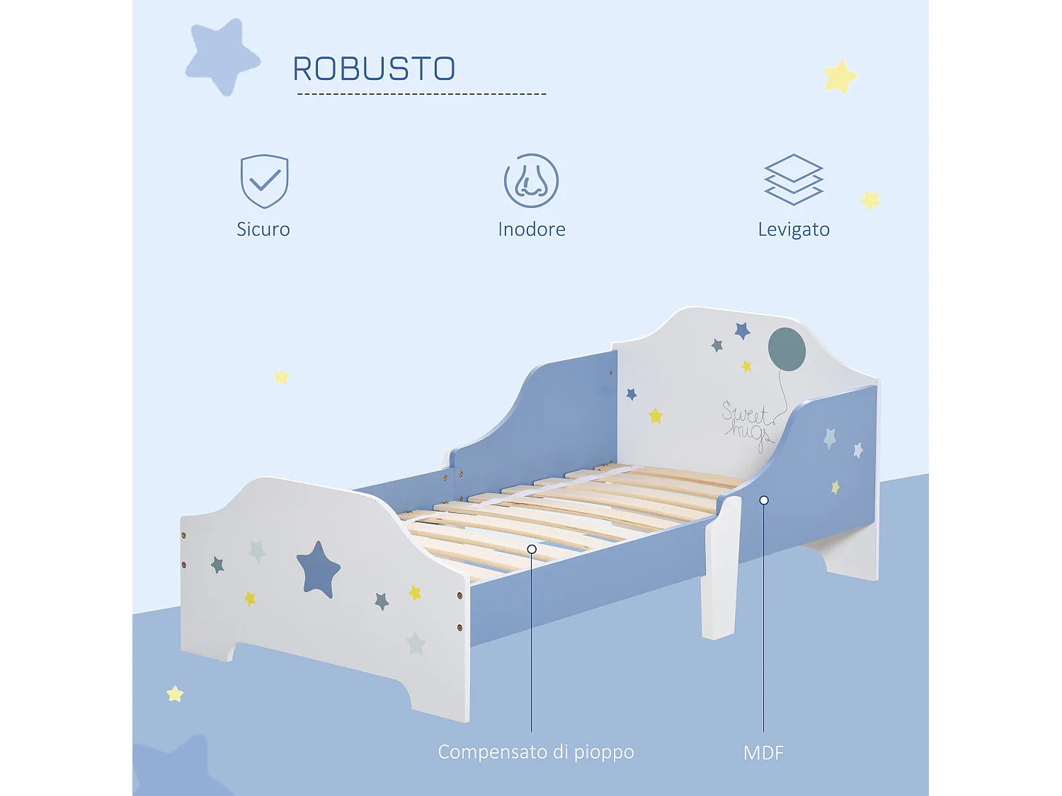 Letto basso per bambini 3+ anni con sponde lettino mdf blu bianco